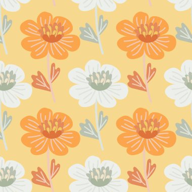 Basit bir papatya çiçeği deseni. Dekoratif saf botanik duvar kağıdı. Sevimli, stilize çiçek arka planı. Kumaş tasarımı, tekstil baskısı, ambalaj kağıdı, kapak için. Vektör illüstrasyonu