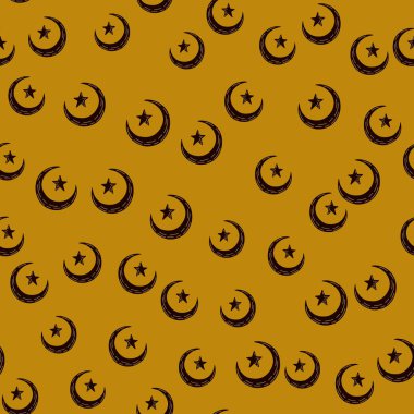 Elle çizilmiş ay ve yıldız siluetleri ile kusursuz desen. Kumaş tasarımı, tekstil baskısı, ambalaj kağıdı, kapak için. Vektör illüstrasyonu