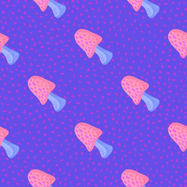 Sihirli sinek agarik duvar kağıdı. Peri kuyruklu mantarlı kusursuz desen. Kumaş tasarımı, tekstil baskısı, ambalaj kağıdı, kapak için. Vektör illüstrasyonu