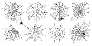 Set of scary black spider web isolated on white. Spooky halloween decoration. Outline cobweb. Decorative element for your design: holiday poster for party, invitation card, sale. Vector illustration clipart