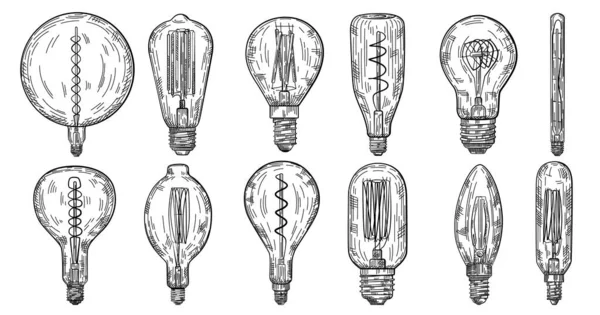 Szett Kézzel Húzott Villanykörte Vintage Vésett Stílusban Elektromos Lámpa Vázlatgyűjtemény Stock Illusztrációk