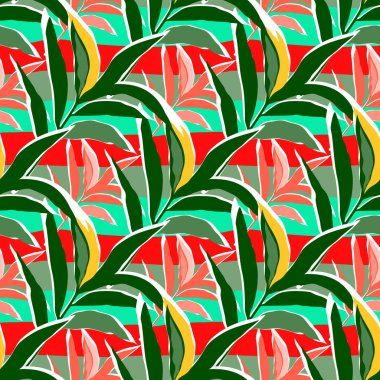 Stilize edilmiş tropik palmiye yaprakları duvar kağıdı. Orman palmiye yaprağının dikişsiz deseni. Kumaş, tekstil baskısı, ambalaj, kapak tasarımı. Moda vektör illüstrasyonu