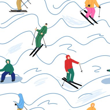 Yokuşta kayakçılar ve snowboardcular. Kış sporları kusursuz. Kumaş tasarımı, tekstil baskısı, ambalaj kağıdı, kapak için. Vektör illüstrasyonu