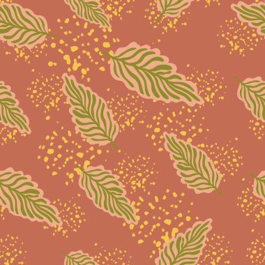 Soyut sonbahar yaprakları pürüzsüz bir desen bırakır. Basit bir botanik yaprak geçmişi. Kumaş tasarımı, tekstil baskısı, ambalaj için geçmişe dönük dekoratif zemin. Vektör illüstrasyonu