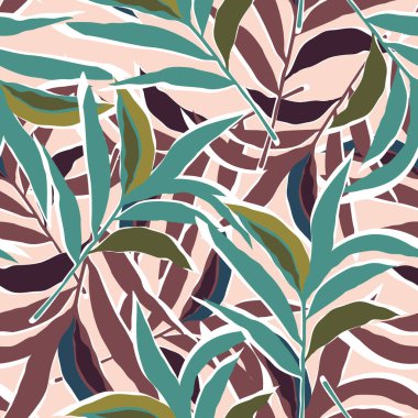 Stilize edilmiş tropik palmiye yaprakları duvar kağıdı. Orman palmiye yaprağının dikişsiz deseni. Kumaş, tekstil baskısı, ambalaj, kapak tasarımı. Moda vektör illüstrasyonu