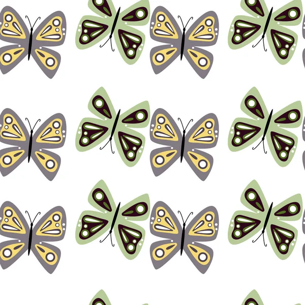 シンプルな様式化された蝶シームレスパターン 飛ぶ虫のプリント テキスタイルプリント 包装紙 カバー ポスター用のデザイン ベクターイラスト — ストックベクタ