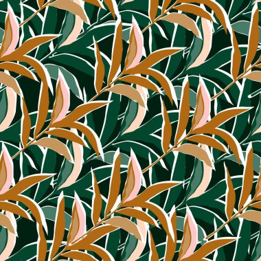 Stilize edilmiş tropik palmiye yaprakları duvar kağıdı. Orman palmiye yaprağının dikişsiz deseni. Kumaş, tekstil baskısı, ambalaj, kapak tasarımı. Moda vektör illüstrasyonu