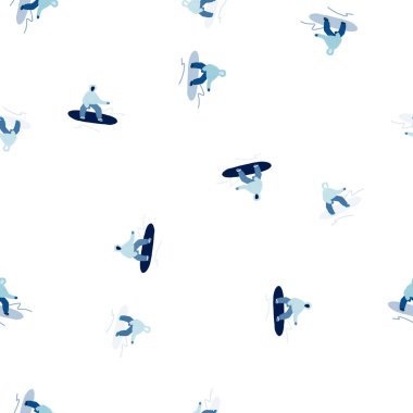Yokuşta snowboardcular. Kış sporları kusursuz. Kumaş tasarımı, tekstil baskısı, ambalaj kağıdı, kapak için. Vektör illüstrasyonu