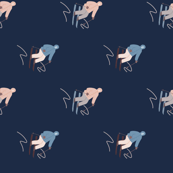 Winter sports seamless pattern. Skiers on the slope. For fabric design, textile print, wrapping paper, cover. Vector illustration