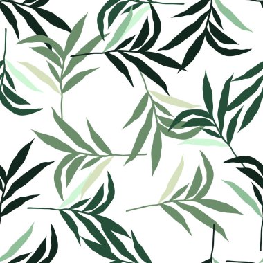Soyut orman palmiye yaprağının dikişsiz deseni. Stilize edilmiş tropik palmiye yaprakları duvar kağıdı. Baskı, tekstil, kumaş, moda, iç mekan ve ambalaj kağıdı için tasarlandı. Vektör illüstrasyonu