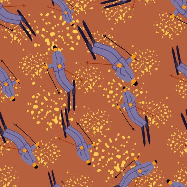 Yokuşta kayakçılar var. Kış sporları kusursuz. Kumaş tasarımı, tekstil baskısı, ambalaj kağıdı, kapak için. Vektör illüstrasyonu