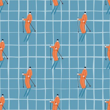 Yokuşta kayakçılar var. Kış sporları kusursuz. Kumaş tasarımı, tekstil baskısı, ambalaj kağıdı, kapak için. Vektör illüstrasyonu