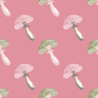 Psikedelik mantarlı kusursuz desen. Sihirli sinek agarik duvar kağıdı. Baskı, tekstil, kumaş, moda, iç mekan ve ambalaj kağıdı için tasarlandı. Vektör illüstrasyonu