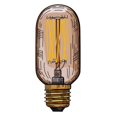 İlham, teknoloji ve yaratıcılığı temsil eden el yapımı ampul çizimi. Retro-style skeç vektör çizimi