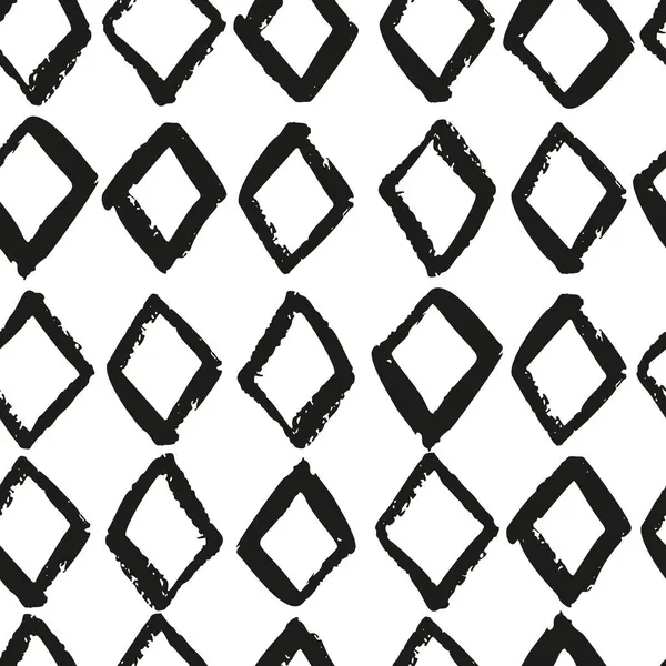 Hand Drawn Black Geometric Rhombus Seamless Pattern Monochrome Ink Background — Stock Vector