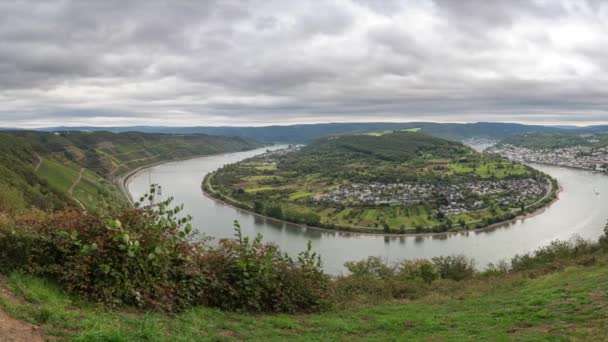 Panoramabild Över Rhens Flodslinga Nära Boppard Rhendalen Rheinland Pfalz Tyskland — Stockvideo