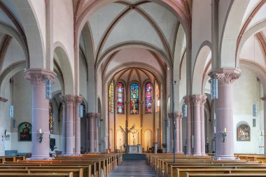 BERGISCH GLADBACH, GERMANY - JULY 31, 2020: View throught the main aisle of the Parish church Saint Nicholas on July 31, 2020 in Bergisch Gladbach, Germany