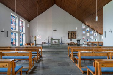 ODENTHAL, GERMANY - JULY 20, 2020: View throught the main aisle of the Parish church Saint Michael on July 20, 2020 in Odenthal, Germany