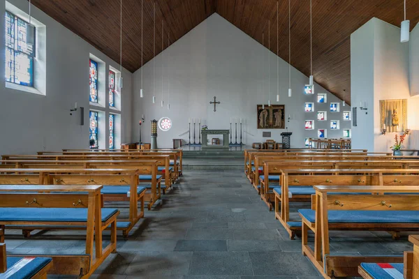 ODENTHAL, GERMANY - JULY 20, 2020: View throught the main aisle of the Parish church Saint Michael on July 20, 2020 in Odenthal, Germany