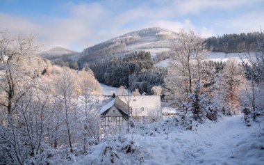 Panoramic image of winter landscape, Schmallenberg, Sauerland, Germany