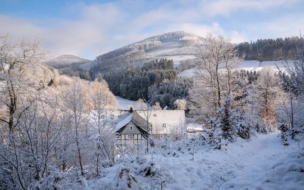 Panoramic Image Winter Landscape Schmallenberg Sauerland Germany Foto Stock Royalty Free