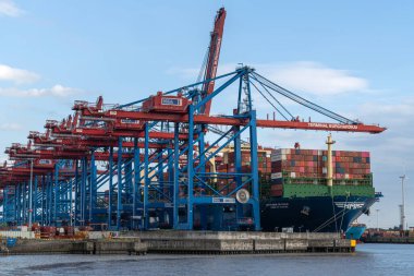 HAMBURG, GERMANY - 23 Ağustos 2023: Konteyner gemisi HMM Le Havre 23 Ağustos 2023 'te Almanya' da Hamburg limanında