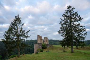 Pruem, Almanya - 3 Temmuz 2024: Eski Schoenecken kalesinin 3 Temmuz 2024 'te Pruem, Eifel, Rhineland-Palatinate, Almanya' daki panoramik görüntüsü