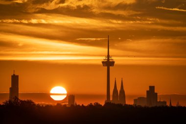 Köln 'ün gündoğumuna karşı katedralli panoramik görüntüsü, Almanya, Avrupa