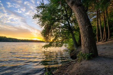 Gün batımında Hilden yakınlarındaki Elblake 'in panoramik görüntüsü, Bergisches Land, Kuzey Ren Vestfalyası, Almanya