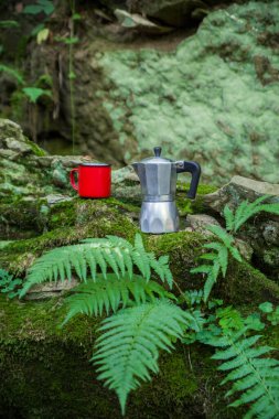 Kahve demliği ve metal bardak dağ nehrinin arka planına karşı büyük taşın üzerinde. Kahve demliği taştan tabakta, bulanık arka plan..