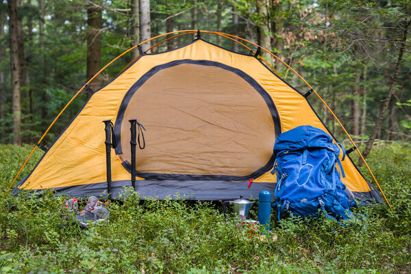 Camping in the forest. The tent is in a clearing in the forest among the trees.