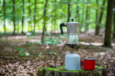 Ormanda piknik. Ormanın ortasında bir kütükte kahve yapmak..