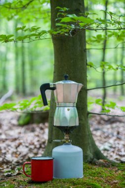 Ormanda piknik. Ormanın ortasında bir kütükte kahve yapmak..