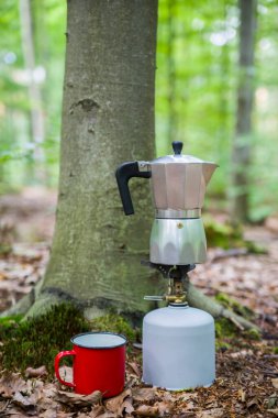 Ormanda piknik. Ormanın ortasında bir kütükte kahve yapmak..