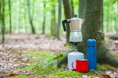 Ormanda piknik. Ormanın ortasında bir kütükte kahve yapmak..