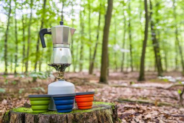 Ormanda piknik. Ormanın ortasında kahve yapmak..