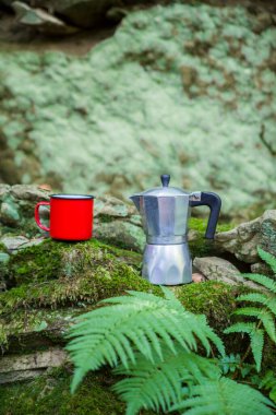 Bir kahve demliği ve bir dağ nehrinin arka planında büyük bir taşın üzerinde metal bir kupa. Doğanın bulanık arka planında, taş bir levhanın üzerinde bir kahve demliği..