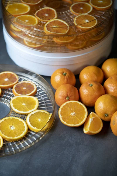 Fresh Oranges Dried Fruit Gray Background — Stock Photo, Image