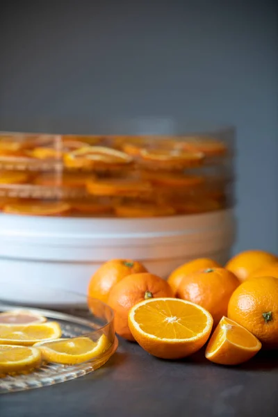 Frische Orangen Und Trockenfrüchte Vor Grauem Hintergrund lizenzfreie Stockbilder