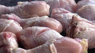 Grill View for Picnic at Camping, Frying Chicken, Fresh Meat and Fat on Barbecue, Cooking Street Fast Food