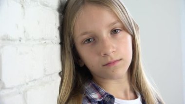 Sad Girl, Young Sick Kid, Unhappy Expression of Child, Thoughtful Abused Adolescent, Hopeless Ill Teenager Face in Depression