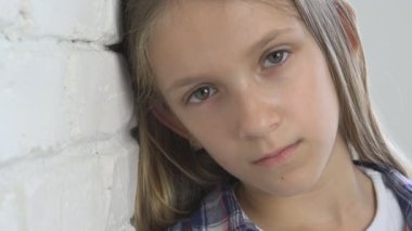 Sad Kid, Young Sick Child, Unhappy Expression of Girl, Thoughtful Abused Adolescent, Hopeless Ill Teenager Face in Depression