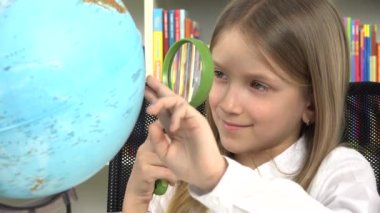 Child Studying Earth Globe in Geography Laboratory, Kid in School Class, Girl Learning in Classroom, Student Schoolgirl Working