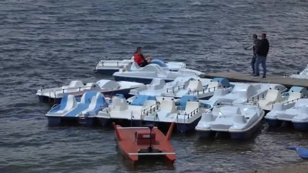 Pedal Boats Rent Mountain Lake Boats Centre Awaiting People Tourists — Video Stock
