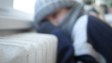 Global Energy Crisis, Thermic Radiator, Child in Winter Trembling Suffering in Cold, Shivering, Girl Warmth by Heater Kid Poverty