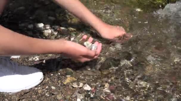 Девушка Выбирает Камень Реки Горного Водопада Турист Играет Воде Ребенок — стоковое видео