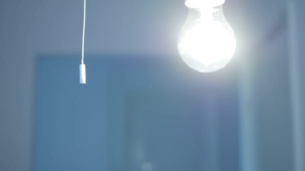 Girl Turn Light Dark Room Woman Turning Light Led Bulb — Vídeo de Stock