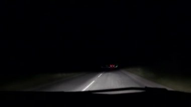 Night Traffic on Road, Driving Car in Dark Highway, Roadway Freeway Traveling View, Trekking Windshield Vehicle on Autostrada POV