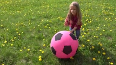 Kid Playing Ball in Park, Child Plays with Toys on Grass, Girl Walking at Playground Outdoor in Nature, Children at Countryside