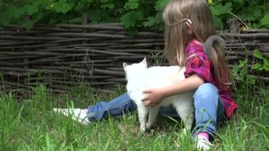 Kid Playing with Cat, Child Plays with Her Kitten Pet, Girl Petting Animal Outdoor in Garden in Yard, Rustic Countryside Children